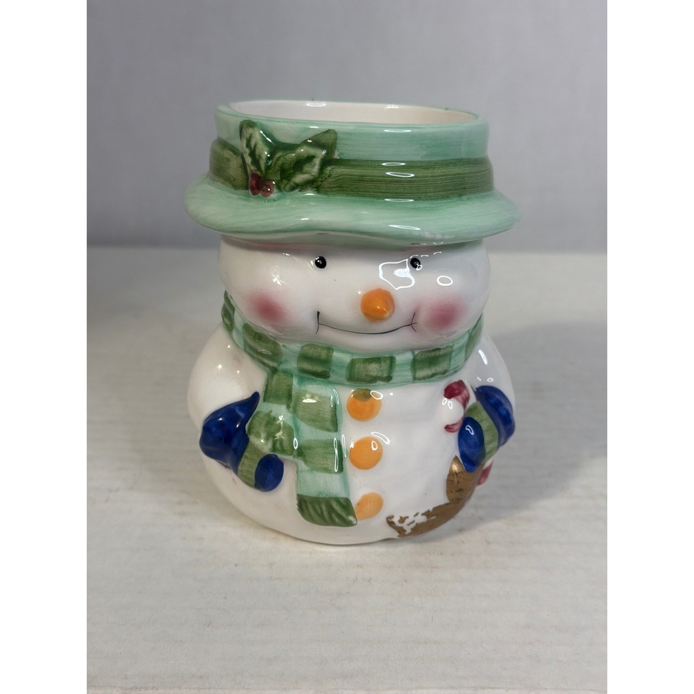 Ceramic Snowman Votive Candle Holder Green Striped Hat Scarf Christmas Decor